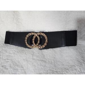 New Women's Fashion Elastic Waist Belt Metal Buckle Black Gold L 29.5" X W 2.5"